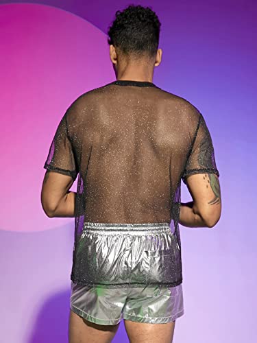 Gorglitter Men's Shiny Metallic Drawstring Short High Waist Straight Leg Short Pants With Pockets Sliver Small #TOP4
