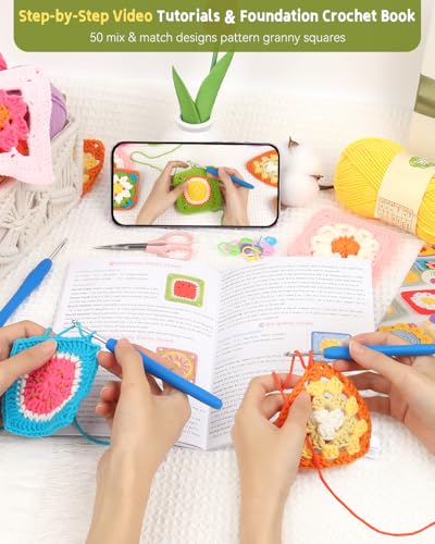 Image of Katech Crochet Kit for Beginners-Crochet Kit for Adults Kids w /Step-by-Step Video Tutorials, Learn to Crochet 50 Pattern Granny Square Kit Crochets Starter Kits w /Upgraded Yarn-Zero Based Friendly