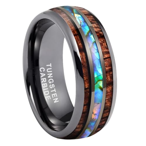 TUTISS 8mm Gunmetal Tungsten Rings for Men Women Koa Wood Abalone Shell Inlay Fashion Jewelry Engagement Wedding Bands Domed Polished Shiny Comfort Fit Size 12.5