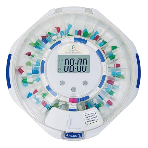 SenyerKare 28-Day Automatic Pill Dispenser with Alarm & Alzheimer’s Care, Medication Organizer w/Easy-Read LCD Display, Sound & Light & Key Alerts for Medication, Vitamins, Supplements, Clear Lid