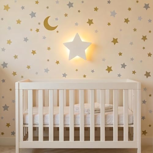 Image of KALEOLI Star Wall Night Light with 106 Moon and Stars Wall Decals Set for Nursery – Rechargeable & Dimmable Crib and Toddlers Night Light - 90 Min Timer for Bedtime Routine