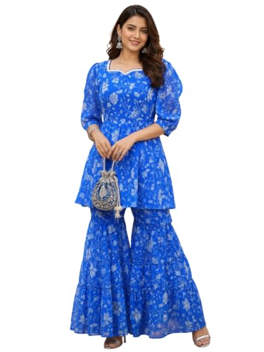 Image of Leriya Fashion Kurta Set for Women | Georgette Regular Fit Standard Length Ethnic Wear | Kurti Set for Woman | Sharara Set for Women for Wedding | Casual Family Function & Festive Kurta Sets for Woman