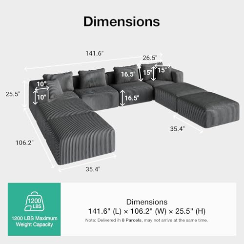 Image of Novilla 141 inch Modular Sectional Sofa, U Shape Oversized Sectional Couch, Modern Cloud Design with Smarts Coil Support, Boneless Couch for Large Living Room Apartment, No Assembly Required, Dark Gray