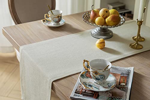 Image of ZeeMart Burlap Style Farmhouse Table Runners 48 Inches Long, Cream Rustic Woven Dining Table Runner for Everyday Use, 14x48 Inches, Cream