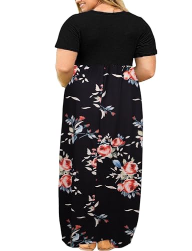 Image of Kancystore Women's Plus Size Maxi Dress with Pockets Summer Dresses XL-5X | Plus Size High Waisted Long Length Beach Dress, Empire Waist Round Neck Casual Dress, Solid Striped Floral Tie Dye Colors