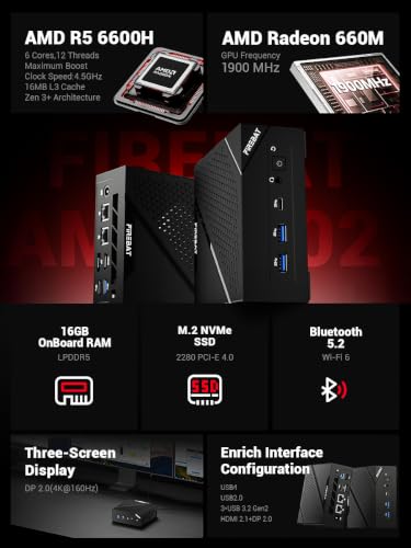 Image of FIREBAT Mini Gaming PC, AMD Ryzen 6600H, Radeon 660M,16GB 6400MHz LPDDR5 512GBPCIe SSD, Wi-Fi 6, BT 5.2, 2X LAN, DP 2.0 (4K@160Hz),USB-C, Desktop Computer for Home, Business, and Students 【AM02】