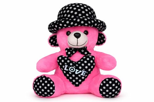 Image of Pink Teddy Bear with Heart & Polka Dot Hat - 20 cm Soft Plush Toy for Kids, Girls & Babies | Cute Stuffed Love Teddy Gift for Birthday, Valentine & Special Occasions