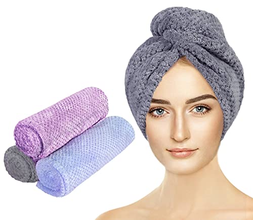 AFSTEE 3 Packs Microfiber Hair Towel Drying Wrap, Pineapple Plaid Design, Super Absorbent Soft Hair Turbans for Women Girls Shower (Purple Blue Dark Grey)