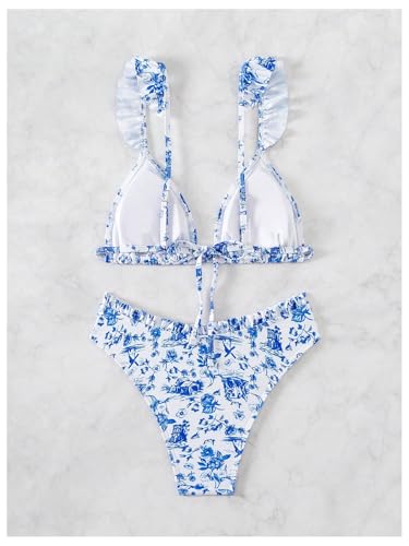 Women's 2 Piece Bikini Sets High Cut Ruffle Trim Triangle Floral Bathing Suit Wireless Tie Back Swimsuit2