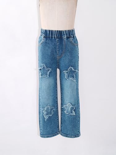 Kids Girls High Waist Washed Blue Printed Straight Jeans Wide-Leg Denim Pants Baggy Trousers3