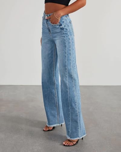 HTD Women's Wide Leg Jeans Casual Baggy Denim Pants with Frayed Raw Hem3