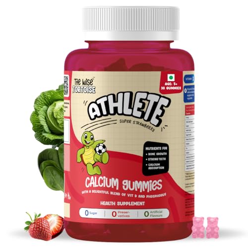 Image of Athlete 0 Sugar Calcium + Vitamin D Gummies | Added Prebiotics | 5-15 Years | Bone Strength, Growth & Teeth Health | Super Strawberry Flavor | 30 Gummies | The Wise Tortoise TWT