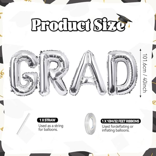 Biapian 40 Inch GRAD Balloons, 4 Pcs Silver Graduation Decorations, 'GRAD' Party Balloons Foil for Class of 2024 Graduation Party Decorations by Biapian - Used condition - Image 2
