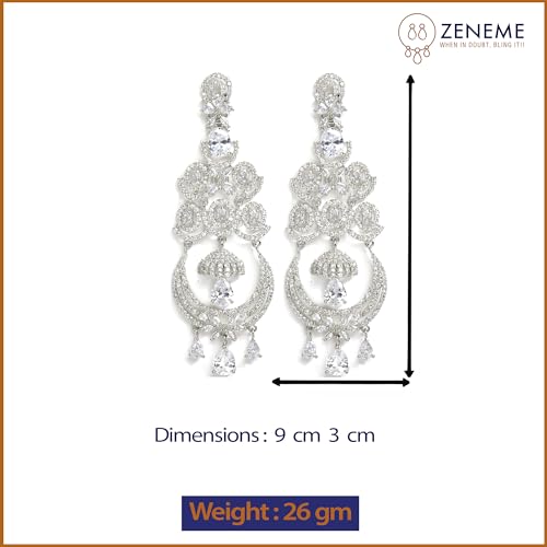 Zeneme Floral Shaped Silver Tone American Diamond Dangle Chandelier Earring For Women And Girls