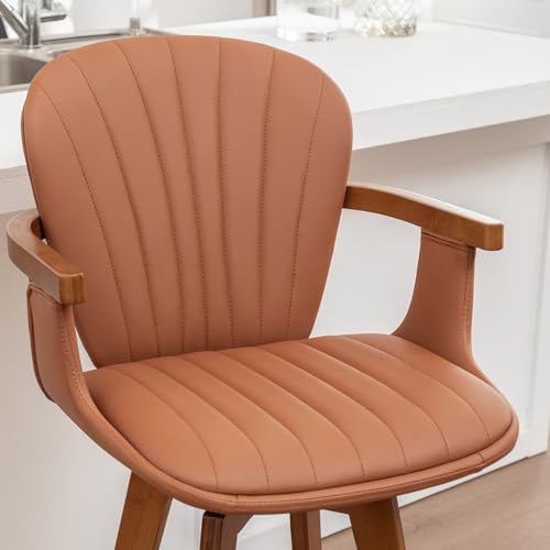 Image of LUNLING 26 inch Counter Height Stools,Mid Century Modern Bar Stools,Brown PU Leather Kitchen Island Stool,Wood High Barstools Swivel with Back and Arms for Home Bar Furniture,1PCS