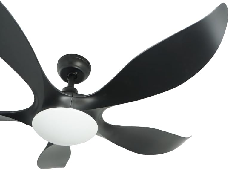 Mistral D'Fan 52 Inch DC Ceiling Fan Typhoon 52, side view showing the black motor housing, downrod, and curved ABS blades.