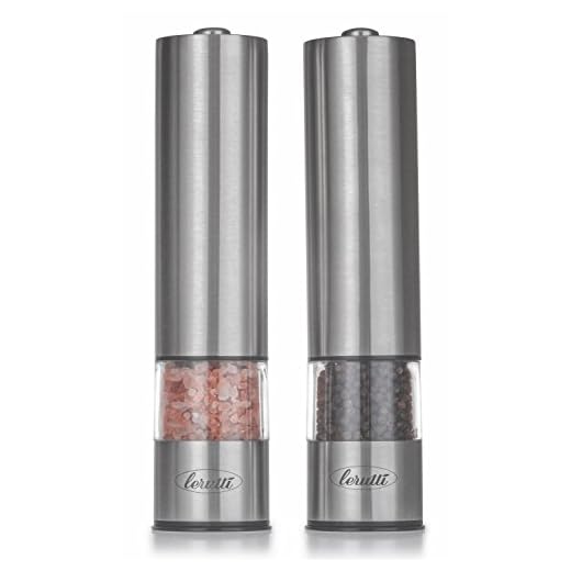 Conjunto de moedor elétrico de sal e pimenta premium de aço inoxidável alimentado por pilha, pacote com 2, moedores automáticos com luz LED e tampas na parte inferior (caixa branca)