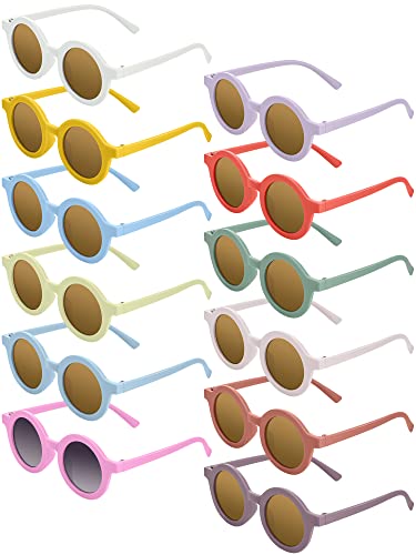 Dunzy 12 Pairs Kids Cute Round Sunglasses Toddler Kids Sunglasses Bulk Round Retro Glasses for Boys Girls Party Outdoor Eyewear, Age 3-10
