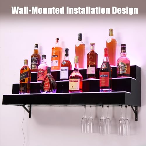 Led Lighted Liquor Bottle Display Shelf, Suspension Type, 3 Layer 30 Inch, Remote & App Control, Acrylic with Wine Holder Slots, Multi Functional Wine Rack