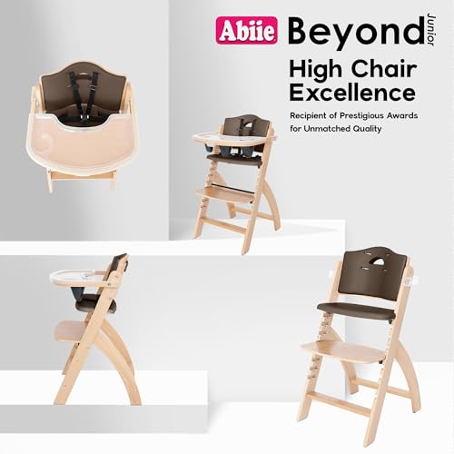 Image of Abiie Beyond Junior Wooden High Chair with Tray - Adjustable and Convertible High Chair for Babies and Toddlers - 6 Months to 250 Lb - Water Resistant - Natural Wood with Shiitake Cushion