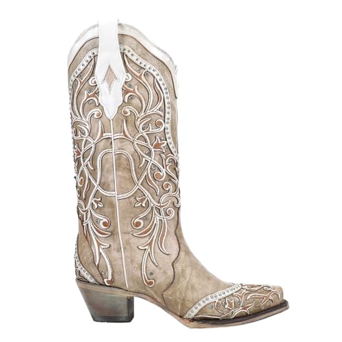CORRAL LADIE'S WHITE OVERLAY & EMBROIDERY & STUDS & CRYSTALS, SNIP TOE, LEATHER SOLE, WESTERN, A3837