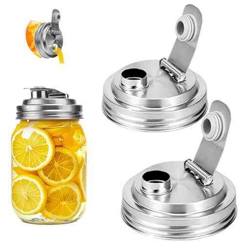 Mason Jar Wide Mouth Lid Stainless Steel Pour Spout Flip Cap,2 Pack Mason Jar Anticracking Pitcher Rust Leak Proof Seal Cover for Home Brewing Fruit Fermenting Drinks Salad
