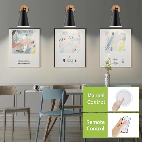 Image of 120 hrs Wood Battery Operated Wall Sconce, IR Remote Control Battery Operated Sconces, Matte Black Battery Operated Wall Sconce, Wall Lights Battery Operated for Bedrooms, Living Room