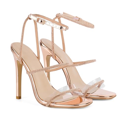 Image of richealnini Rhinestone Stiletto Heels Sandals for Women Crystal Straps Buckle Up Party Dress