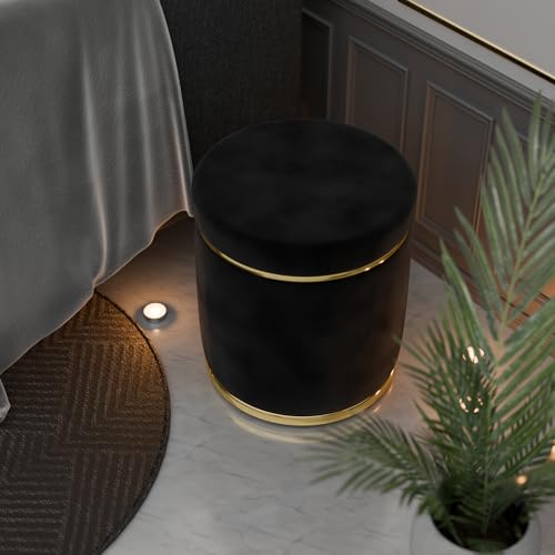 Image of ETIQUETTE ART Upholstered Velvet Round Dual Strip Ottoman Office Stool Foot Rest Stool Linen Fabric Padded Seat Pouf Ottoman with Round Shape for Living Room (Black)