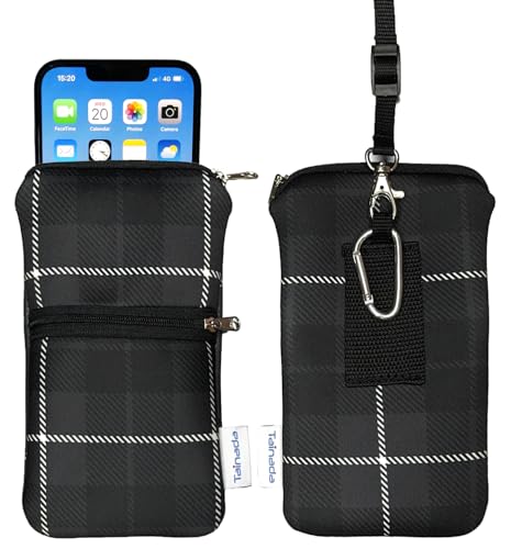 Image of Tainada Men Women Phone Neoprene Shockproof Zippered Sleeve Case Bag Pouch with Carabiner, Neck Lanyard, Belt Loop Holster for iPhone 17 /16 Pro Max, 15 Plus, Air, 16e ; Samsung S25+ (Black Gray Plaid)