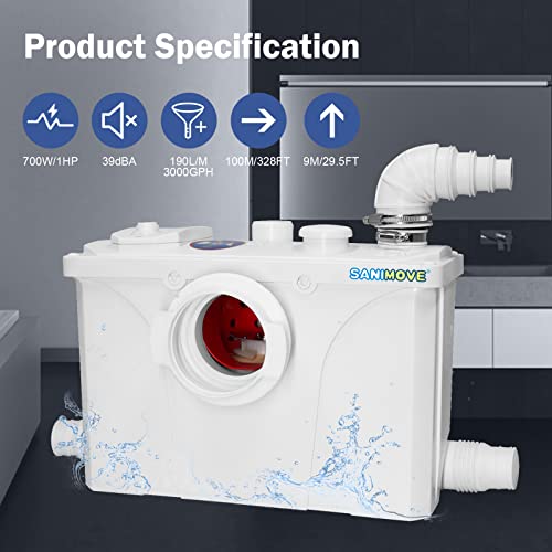 Sanimove 700W Macerator Pump For Macerating Toilet Upflush Toilet System Macerator Sewerage Pump With 4 Water Inlets For Toilet Kitchen Sink Darin Laundry Machine Disposal Macerating Toilet #TOP4
