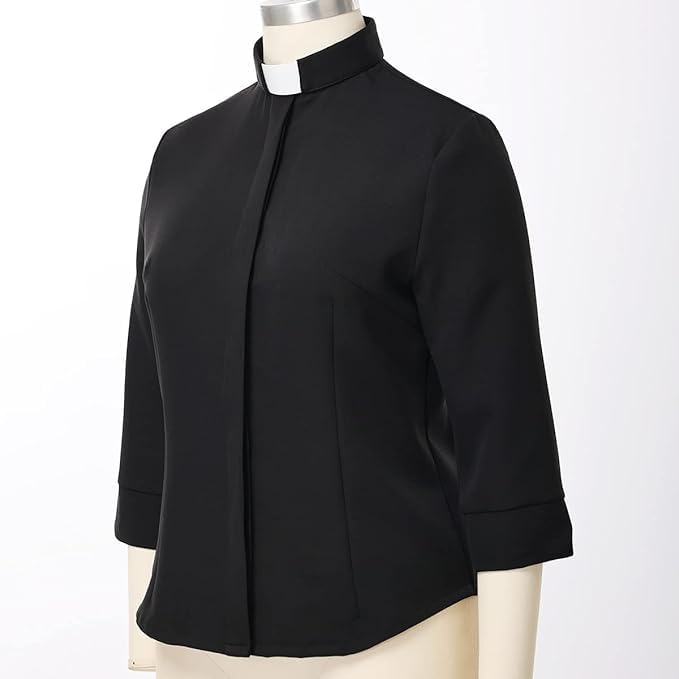 Womens Clergy Shirt Tab Collar 3/4 Sleeve Round Tailed Button Down Blouse4