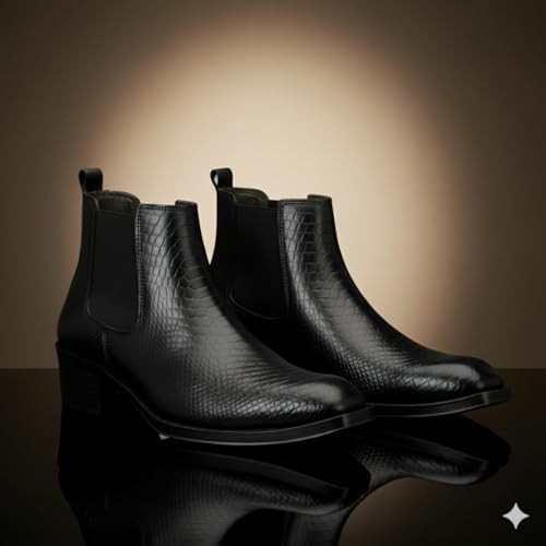 Image of Men's Chelsea Boots | Black Croc Textured Leather | Cuban Heel | Italian Design | TPR Sole | Cushioned Insole