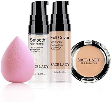 Waterproof Full Coverage Concealer With Primer Sponge Set, Smooth Matte Flawless Creamy Liquid Foundation Corrector Makeup Kit for Face Eye Dark Circles Spot Acne Scar Cover (0.2Fl, Natural)