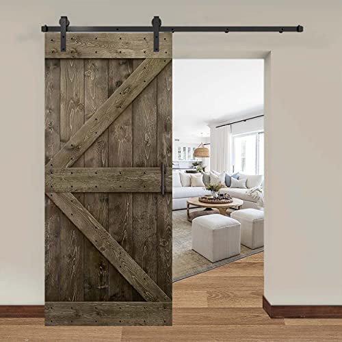 Newhome 38in x 84in Sliding Barn Doors and Hardware Kit Included, DIY Unfinished Solid Pine Wood Barn Doors with Barn Door Track Kit, Barn Door Handle and Floor Guide, M Frame Smoky Gray