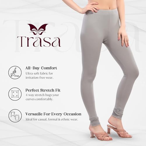 Image of TRASA Ultra Soft Cotton 4 Way Stretchable Churidar Solid Regular and Plus 20 Colours Leggings for Womens and Girls -Sizes :-M, L, XL, 2XL, 3XL, 4XL, 5XL, 6XL