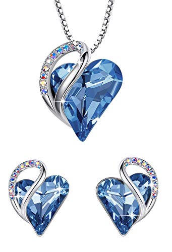 Leafael Infinity Love Heart Jewelry Set Bundle with Light Sapphire Blue Birthstone Crystal for March & December, Gifts for Women, Necklace & Earrings , Silver-tone