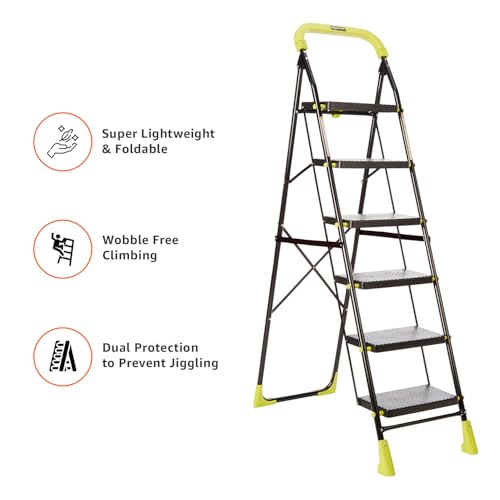 Image of Amazon Basics Dynamo - Foldable Step Ladder, Safety Clutch Lock, Anti Slip Steps, Knee Guard, Anti Skid PVC Shoes, 6 Steps (Steel, Black & Lime Green)