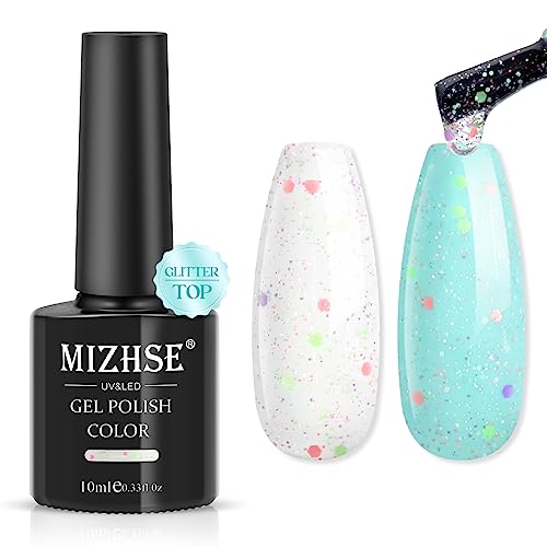 Mizhse Confetti Pop Glitter Gel Top Coat Colorful Rainbow Glitter Gel Nail Polish No Wipe Top Coat Long Lasting Soak Off Led Uv Gel Polish For Nail Art Manicure 10Ml #TOP27