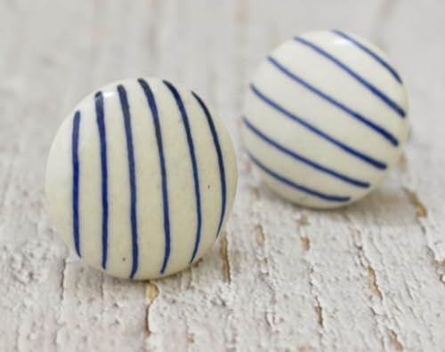 ARTISNO Pomos de cerámica para gabinetes – Juego de 10 pomos decorativos de cerámica de lino impresos a mano en blanco y azul para cajones de gabinetes de cocina del hogar, tiradores de armario y