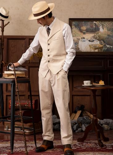 Men's Linen Slim Fit Dress Pants Gurkha Pleated Work Pants Button Zipper Fly Suit Pants Summer4