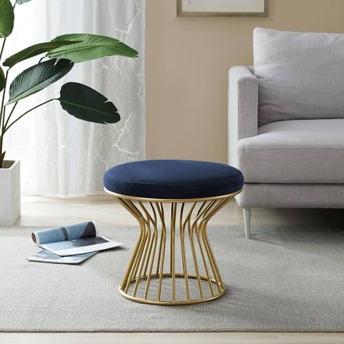 Image of Round Velvet Ottoman Seatting Stool Foot Rest Vanity Dressing Stool with Gold Metal Legs Modern Upholstered Footstool for Living Room Bedroom Home and Office Blue