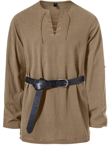 Image of JEMITOP Men's Pure Cotton Vintage Lace Up Shirts for Pirate Renaissance Viking Medieval Costume Without Belt