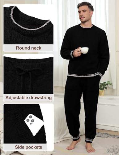 Mens Winter Pajamas Set Soft Warm Round Collar Long Sleeve Sleepwear Comfy Loungewear Pjs with Pockets2