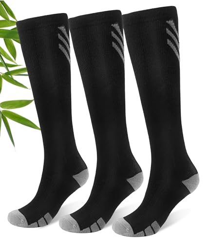 JODUCE Bamboo Viscose Compression Socks for Men & Women 3 Pairs,15-25 mmHg Knee-High Socks Support for Flying Travel Daily（Black,L/XL）