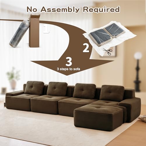 Image of 153 inch L-Shaped 4-Seater Modular Boneless Couch with Ottoman, Soft Corduroy Cloud sectional Sofa, Oversized Deep Seat, No Assembly Anti-Slip Stable Sofa, Brown