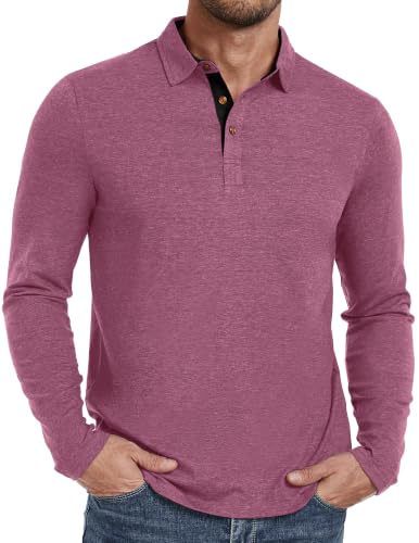 PEGENO Mens Polo Long Sleeve Shirt Classic Button Basic Solid Color Designed Collared Polo Shirt Fashion Casual Golf Shirts Vg-Red Medium