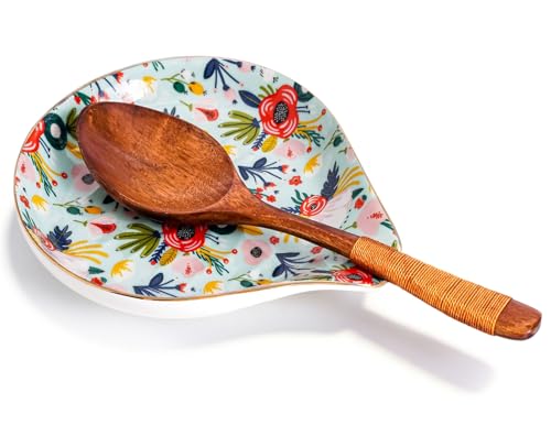Ceramic Spoon Rest for Stove Top, 5 inch Gold Trim Spoon Holder for Kitchen Counter, Farmhouse Cooking Utensil Holder for Spoons, Ladles, Spatula, Mint Flowers