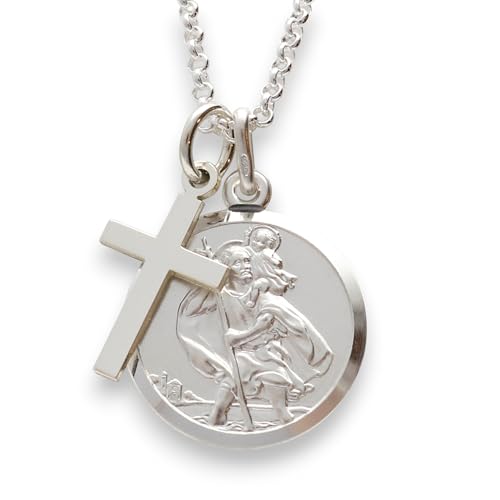 Christopher James of London | St. Christopher Pendant and Cross Necklace | Solid 925 Sterling Silver | Traditional Saint Design & Travellers Prayer | St Christopher Travel Gift | Gift Box Included