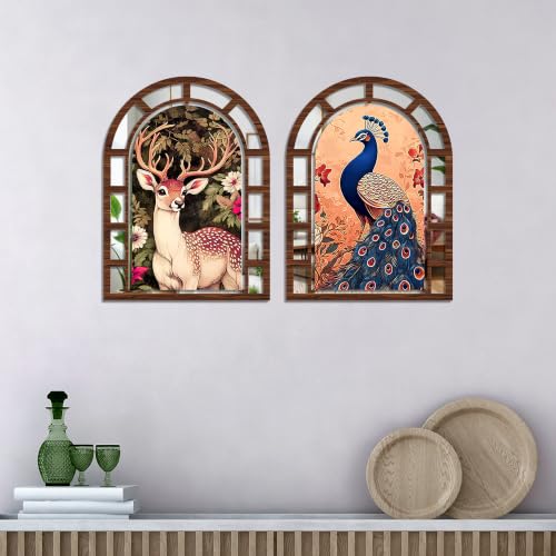 Image of Artvibes Royal Peacock & Deer Forest Theme Artistic Wall Decor | Jharokha Mirror Wall Hanging for Living Room, Hall, Bedroom, Dining Room, Foyer & Entranc | Gift (WHJ 12042N), Set of 2